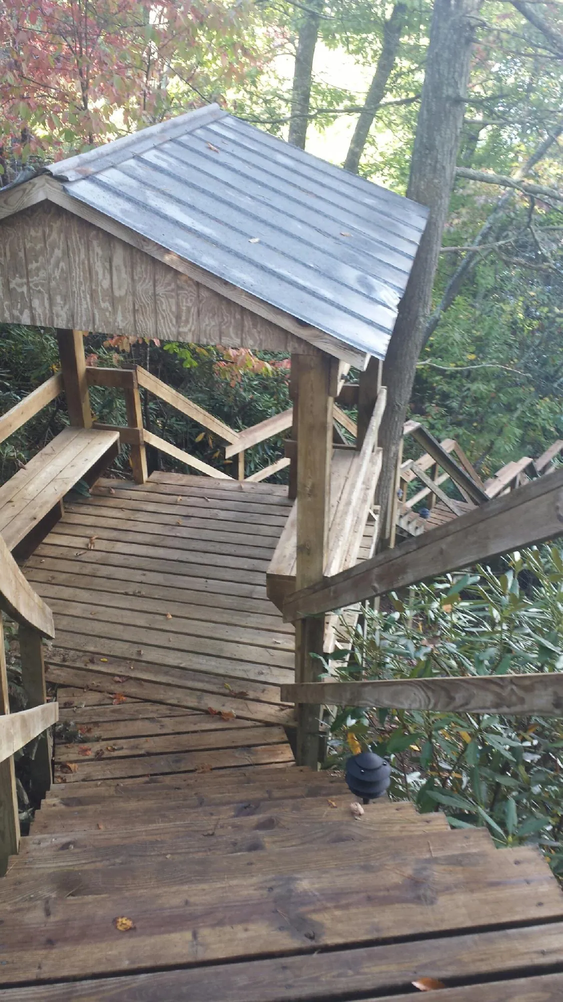 Metal roofed shelter over wooden steps on a wooded walkway — Skylight Repair & Installation work by our crew in Transfer